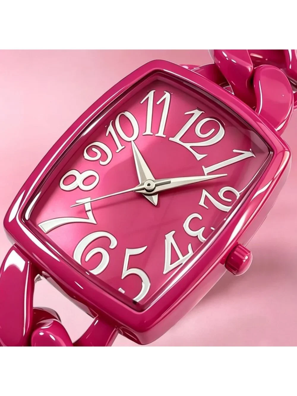 Women's Fushia Metal Chain Bracelet Small Wrist Square Face Analog Stylish Watch